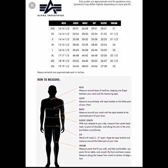 alpha industries size table